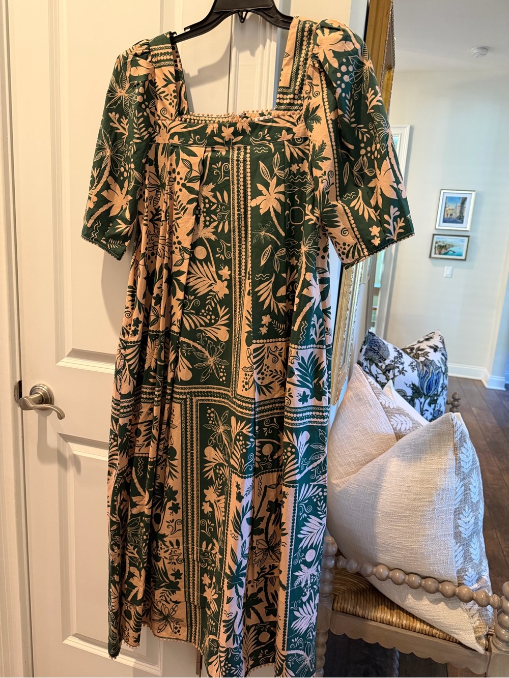 Green & Beige Floral Square-Neck Midi Dress